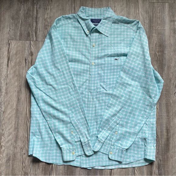 Vineyard Vines Classic Fit Aqua Plaid Button Down Shirt Size L - Picture 1 of 9